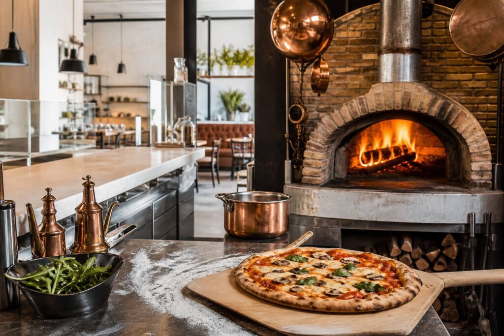 Pizza artisanale cuite au feu de bois sortant du four avec une pelle