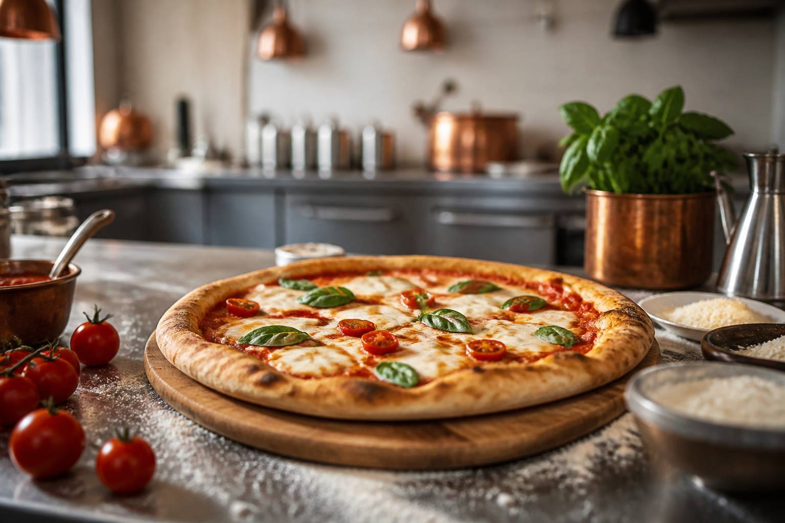 Pizza margherita garnie de mozzarella, basilic frais et sauce tomate