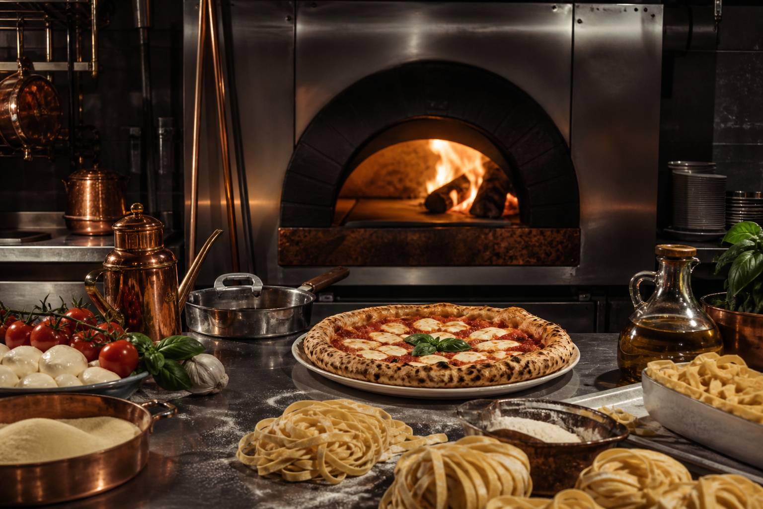 Pizza napolitaine et pâtes fraîches en cuisine de trattoria