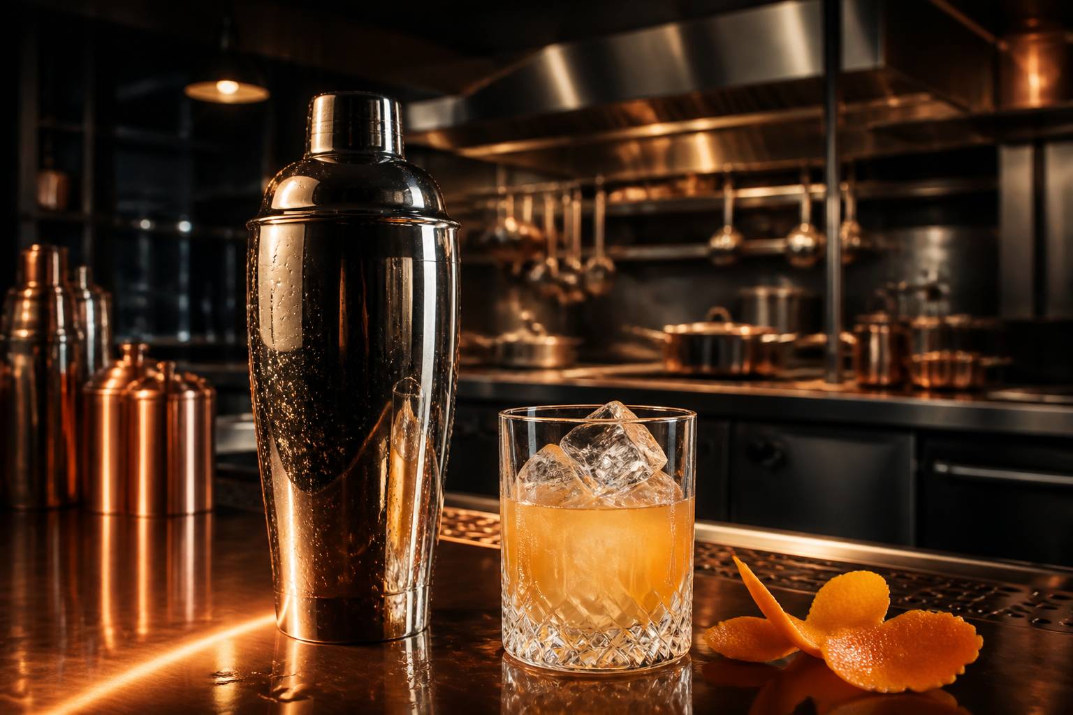 Shaker en inox et verre à cocktail sur un comptoir de bar en laiton