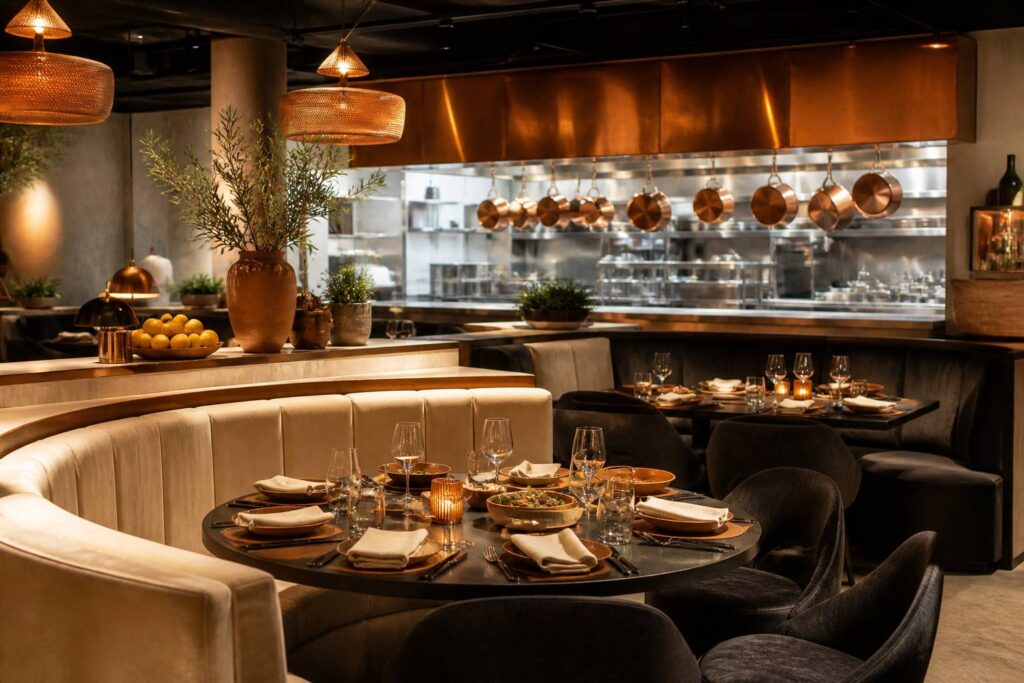 Salle de restaurant méditerranéen moderne avec une cuisine ouverte