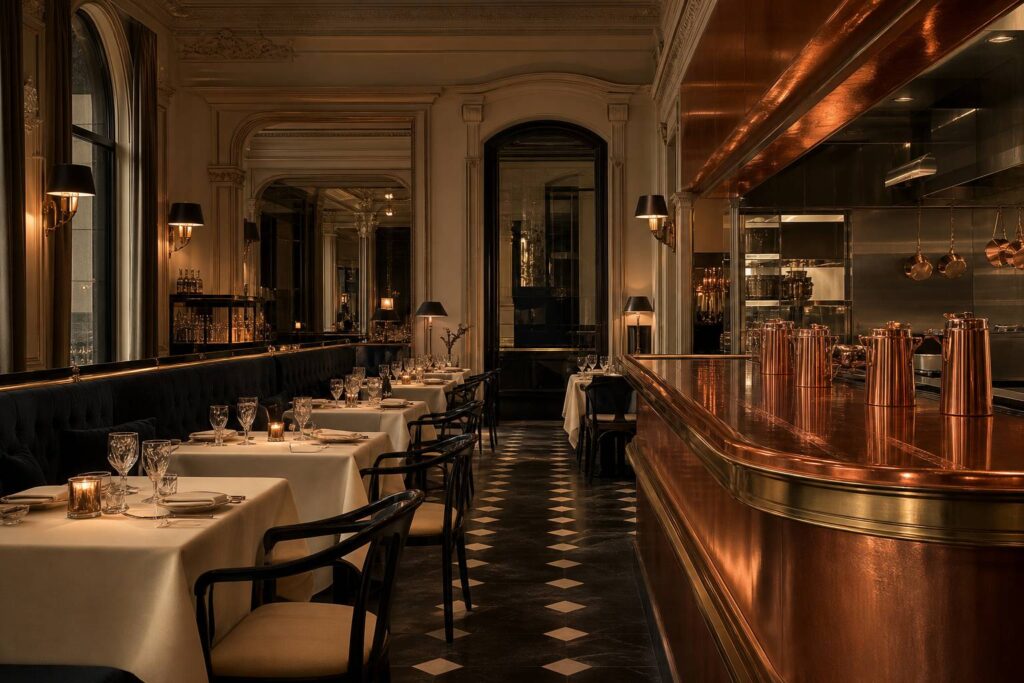 Grande salle de restaurant d'hôtel du XIXe siècle avec comptoir en cuivre et tables dressées