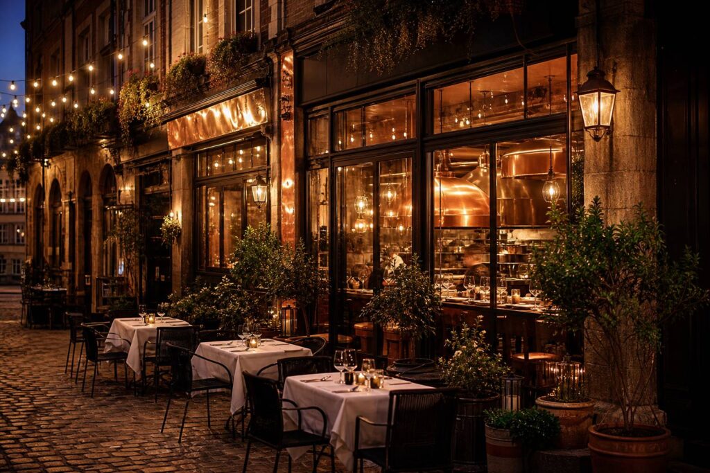 Devanture de restaurant italien avec terrasse lumineuse dans une rue pavée le soir
