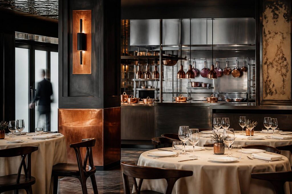 Salle de restaurant élégante avec tables dressées et chaises en bois