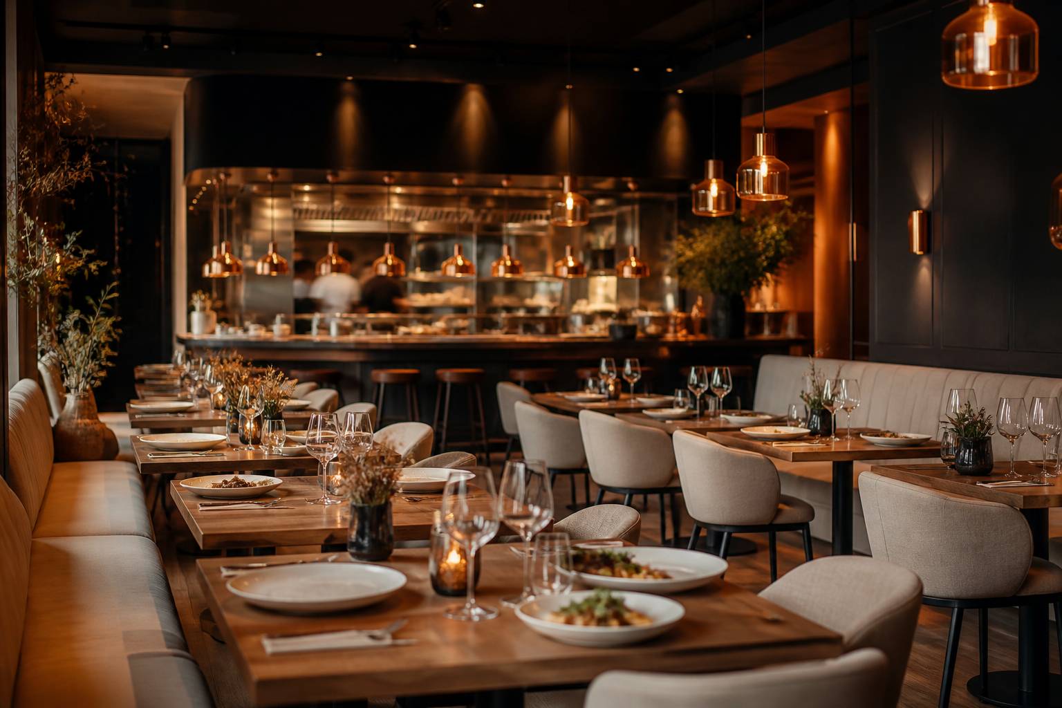 Salle de restaurant bistronomique avec tables en bois, banquettes et comptoir ouvert sur la cuisine