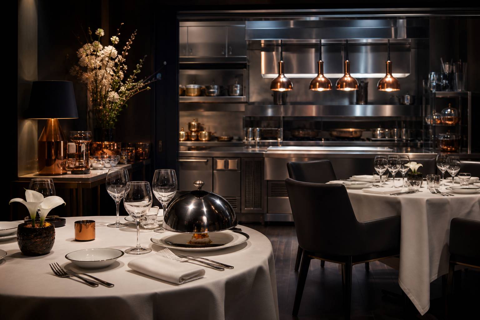 Salle de restaurant gastronomique avec tables dressées et couverts alignés