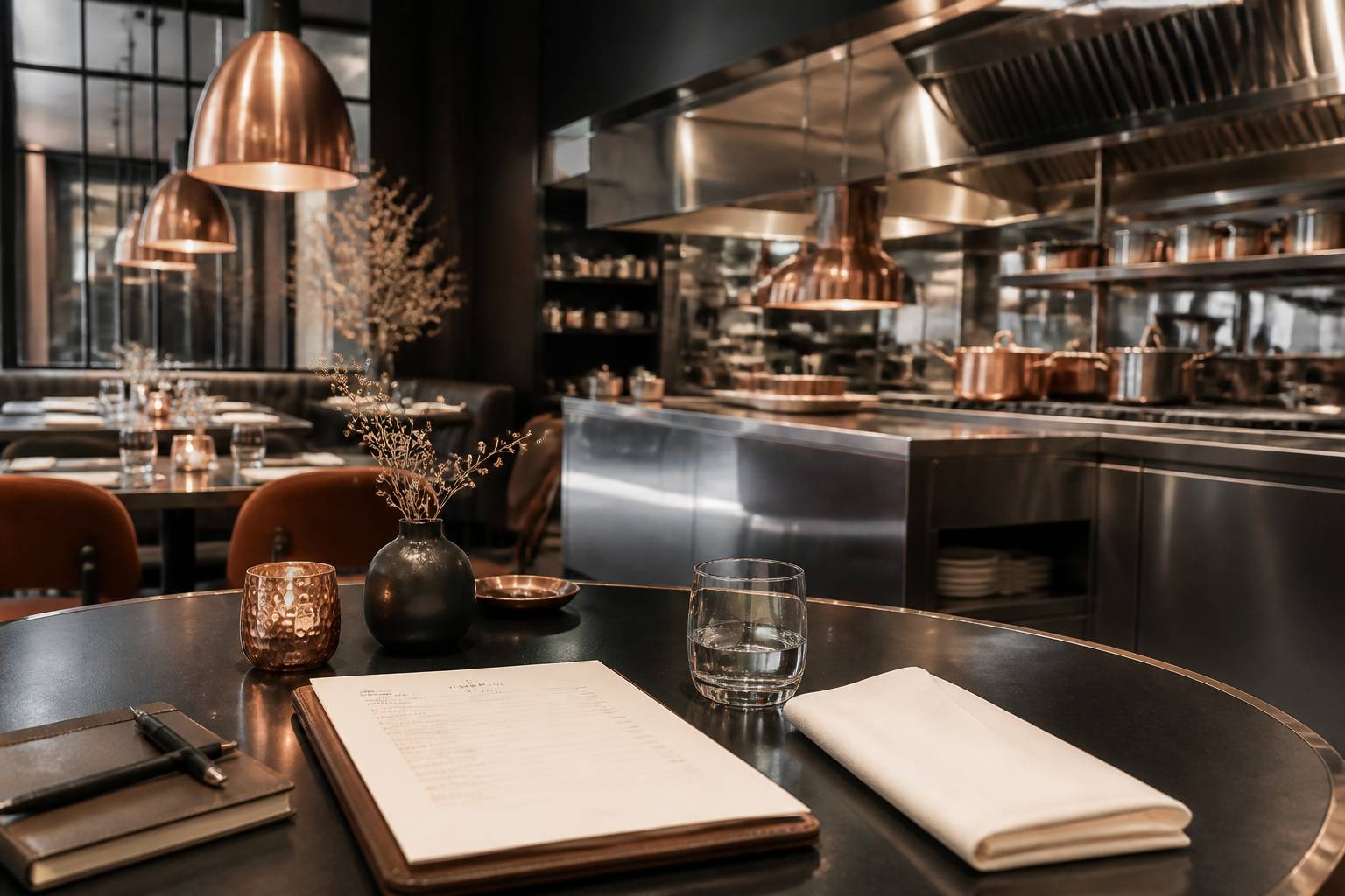 Table de restaurant avec menu flou, verre et carnet de réservation