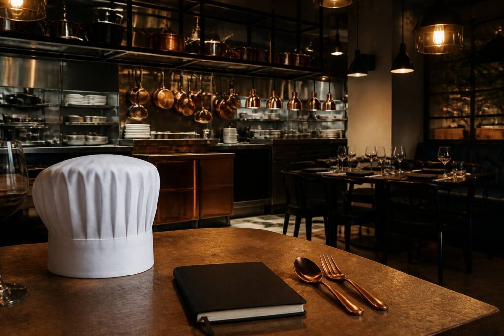 Toque de chef blanche posée sur une table de restaurant élégante