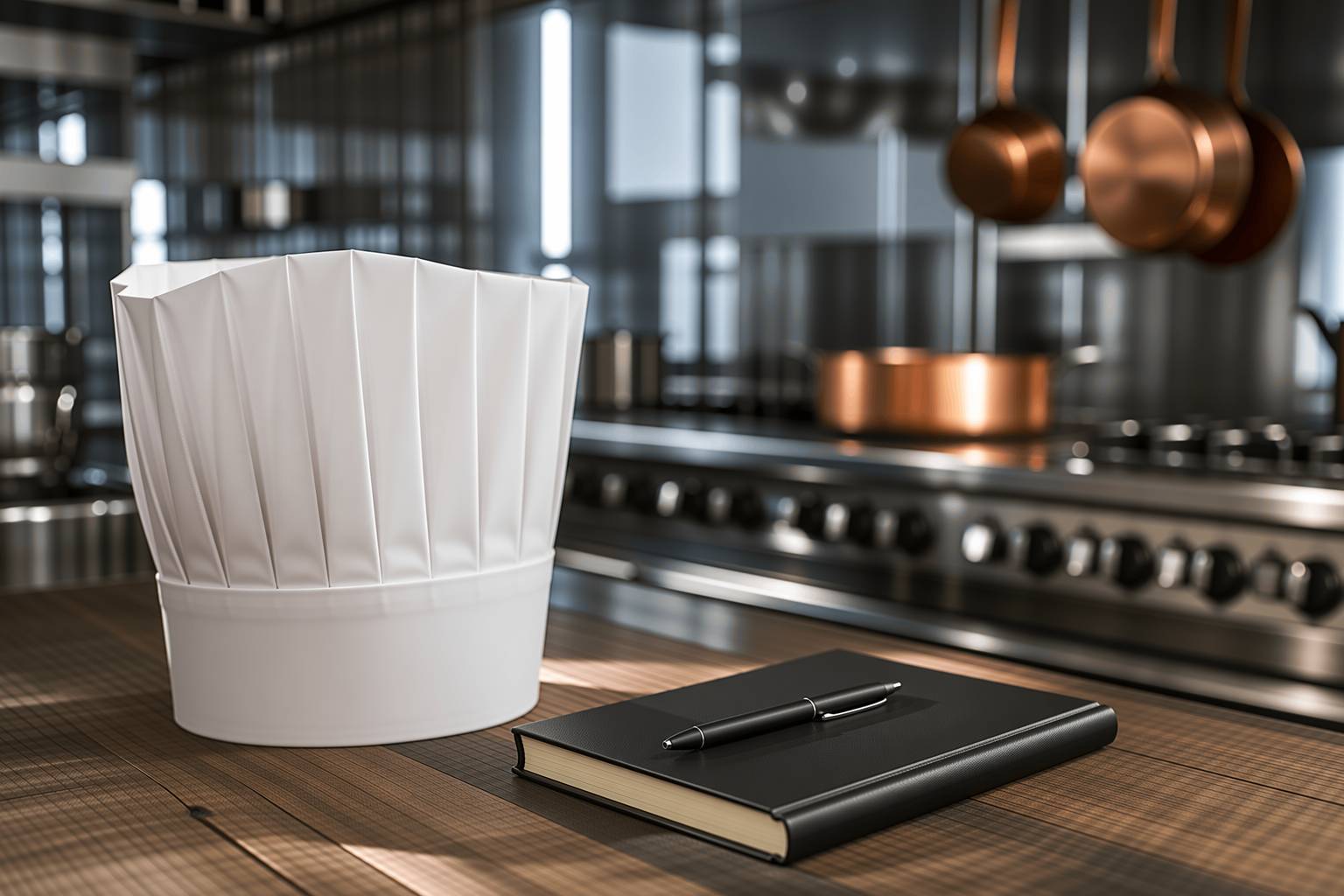 Toque blanche de chef avec carnet fermé dans une cuisine professionnelle
