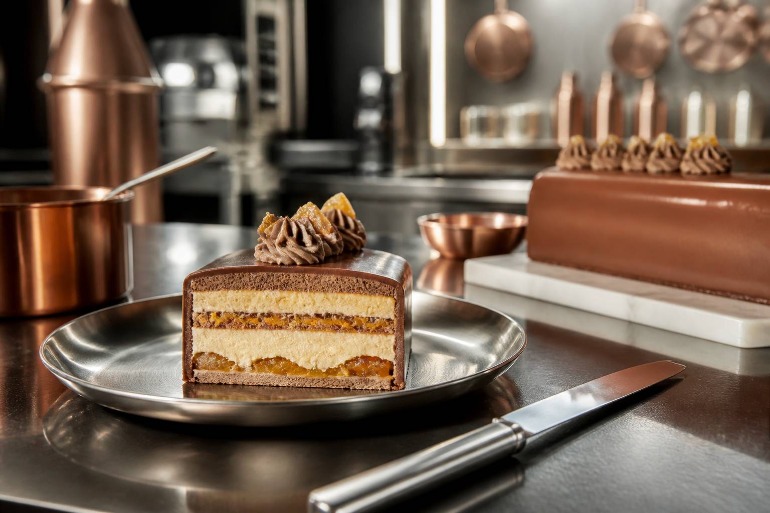 Tranche de bûche pavé montrant chocolat et citrons confits