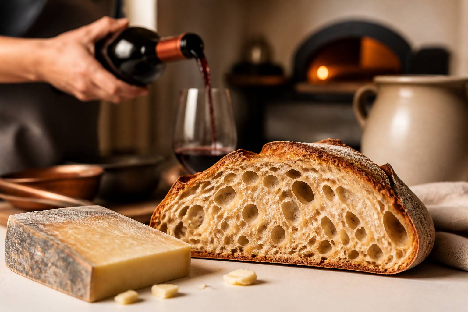 Tranche de pain à la mie alvéolée avec un morceau de fromage et un verre de vin