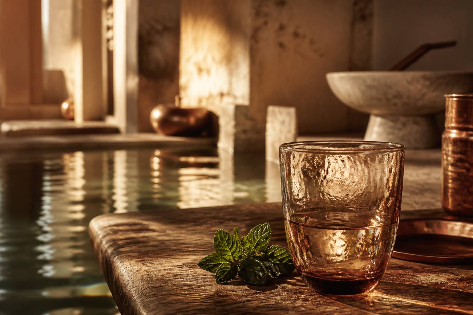 Verre en verre soufflé avec de la menthe près d'un bassin