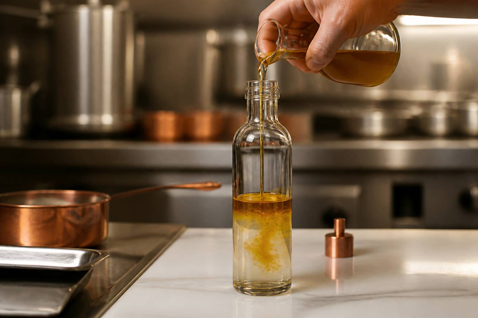 Main versant de l'huile dans une bouteille de vinaigrette