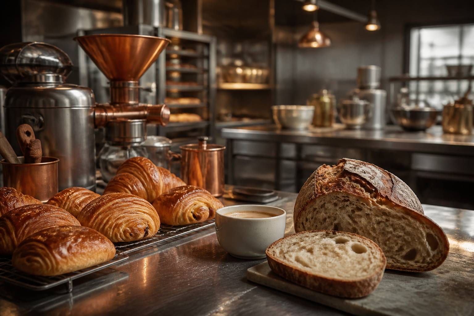 Viennoiseries fraîches présentées au comptoir d'un coffee bakery