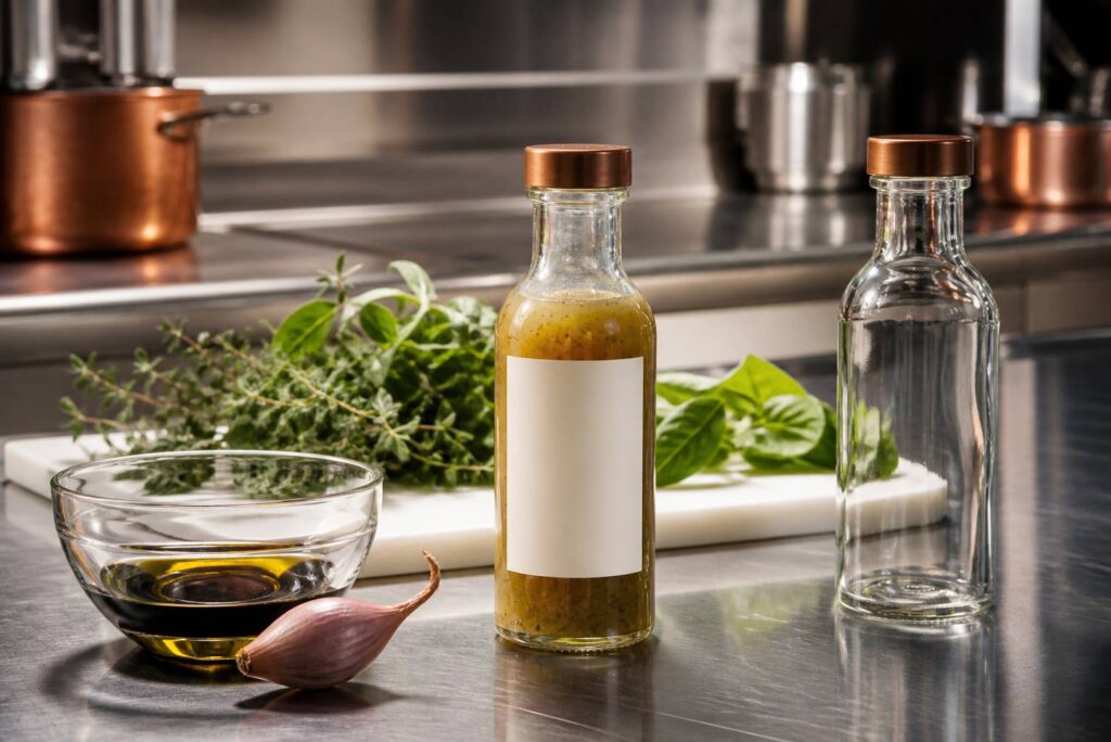 Bouteille de vinaigrette maison avec huile, vinaigre et herbes