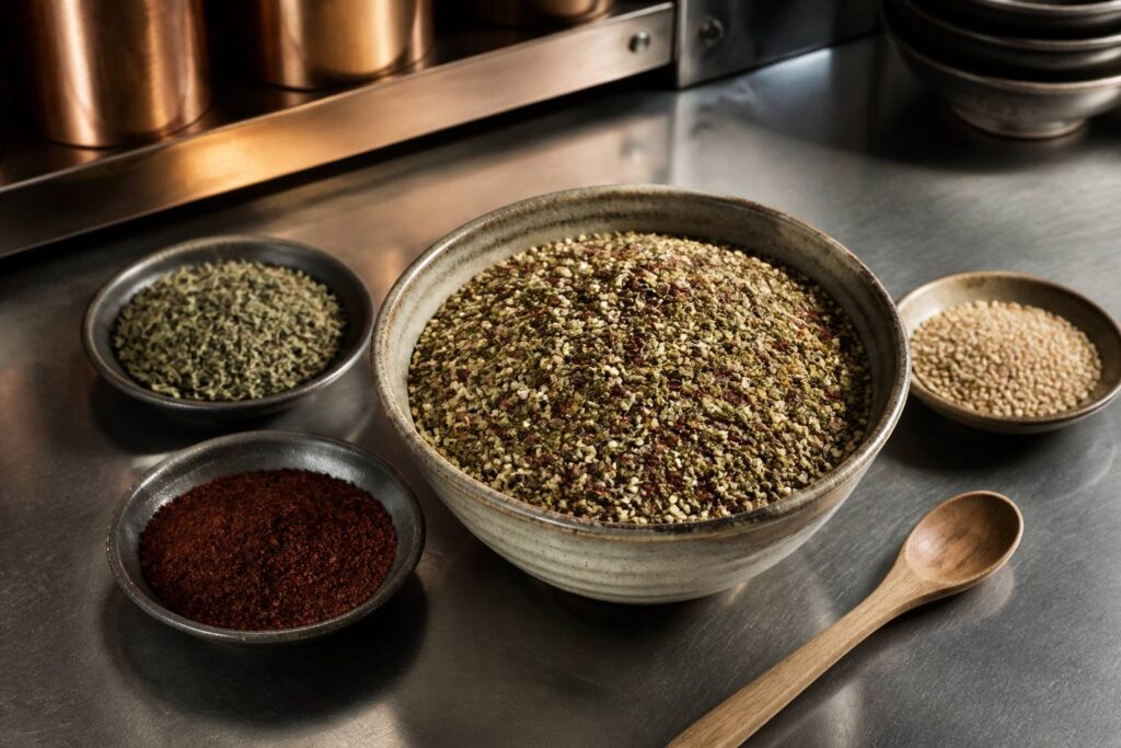 Bol de zaatar avec thym, sumac et graines de sésame en coupelles