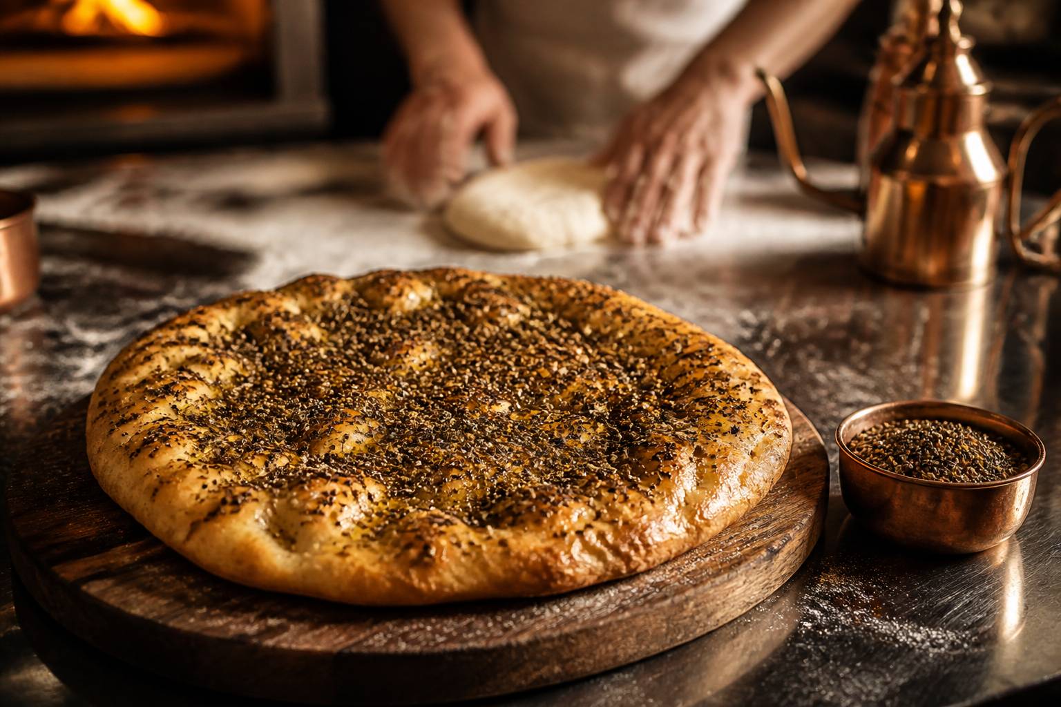Pain plat saupoudré de zaatar et d'huile d'olive sur une planche en bois