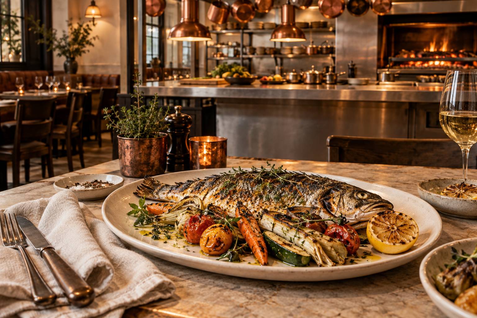 Assiette de poisson grillé au feu de bois avec légumes de saison