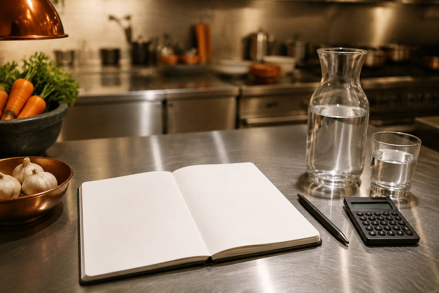 Calepin vierge et calculatrice posés sur un plan de travail en inox professionnel
