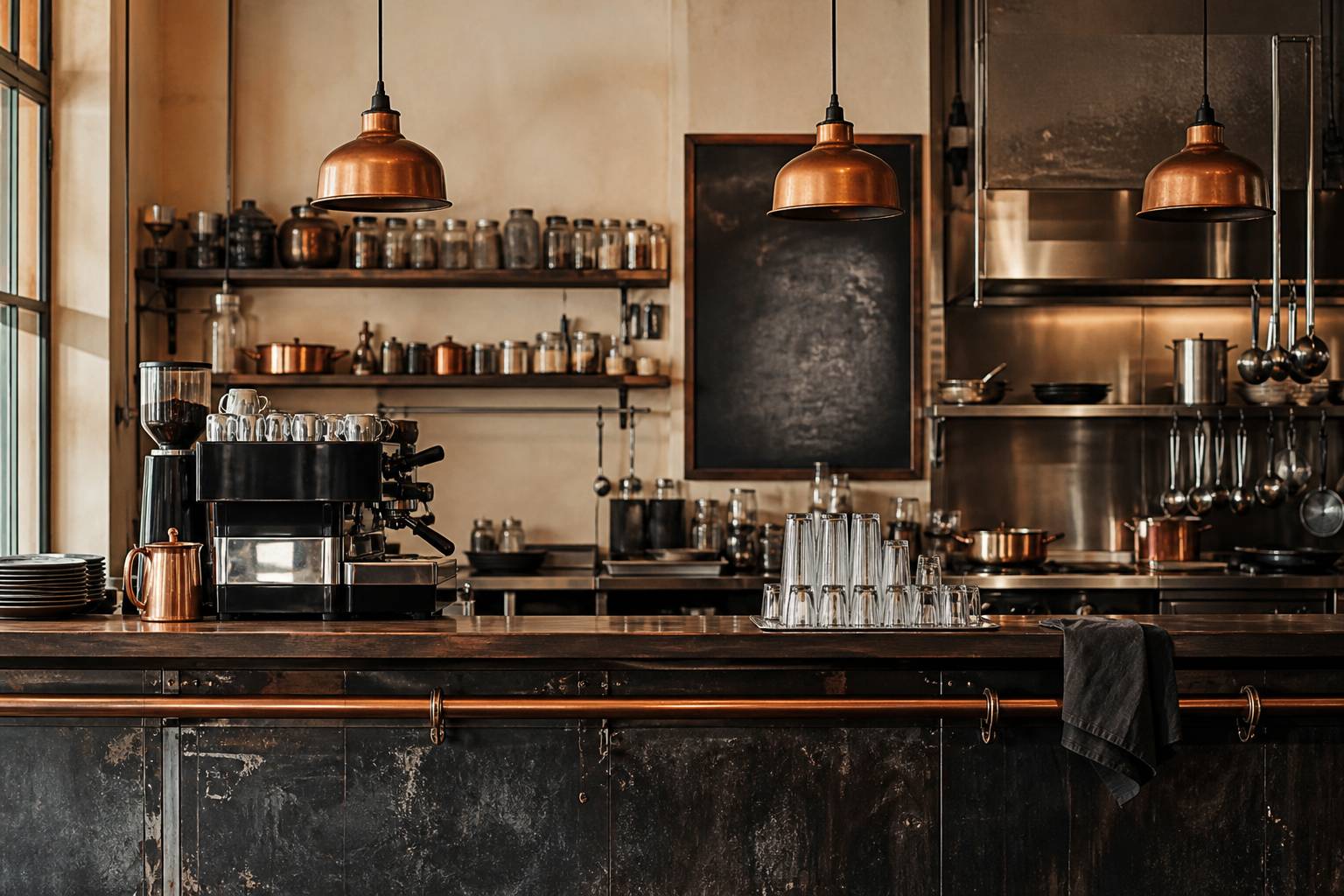 Comptoir de bistrot avec ardoise de menu et cafetière