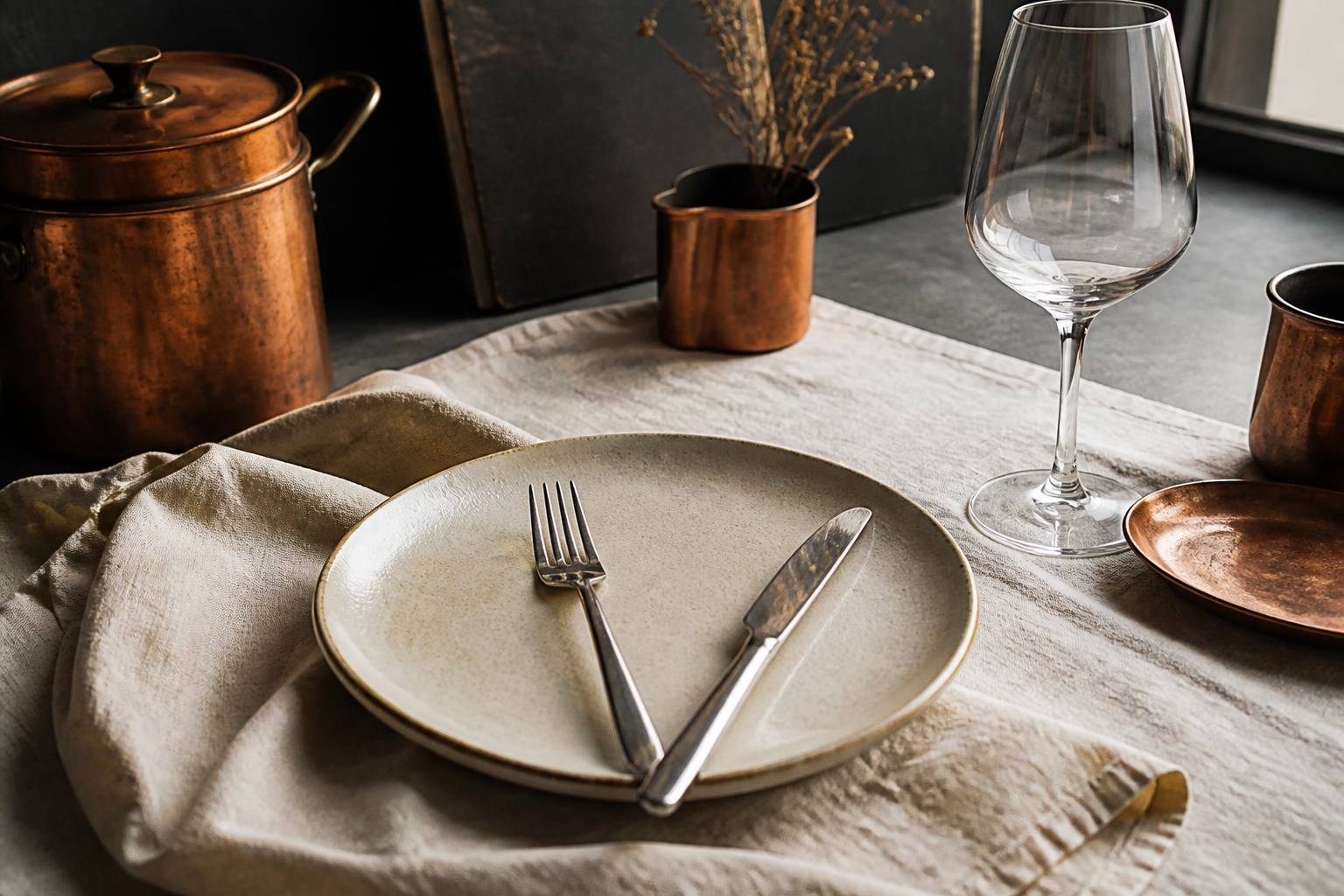 Couverts en inox en V sur une assiette en céramique avec verre à vin