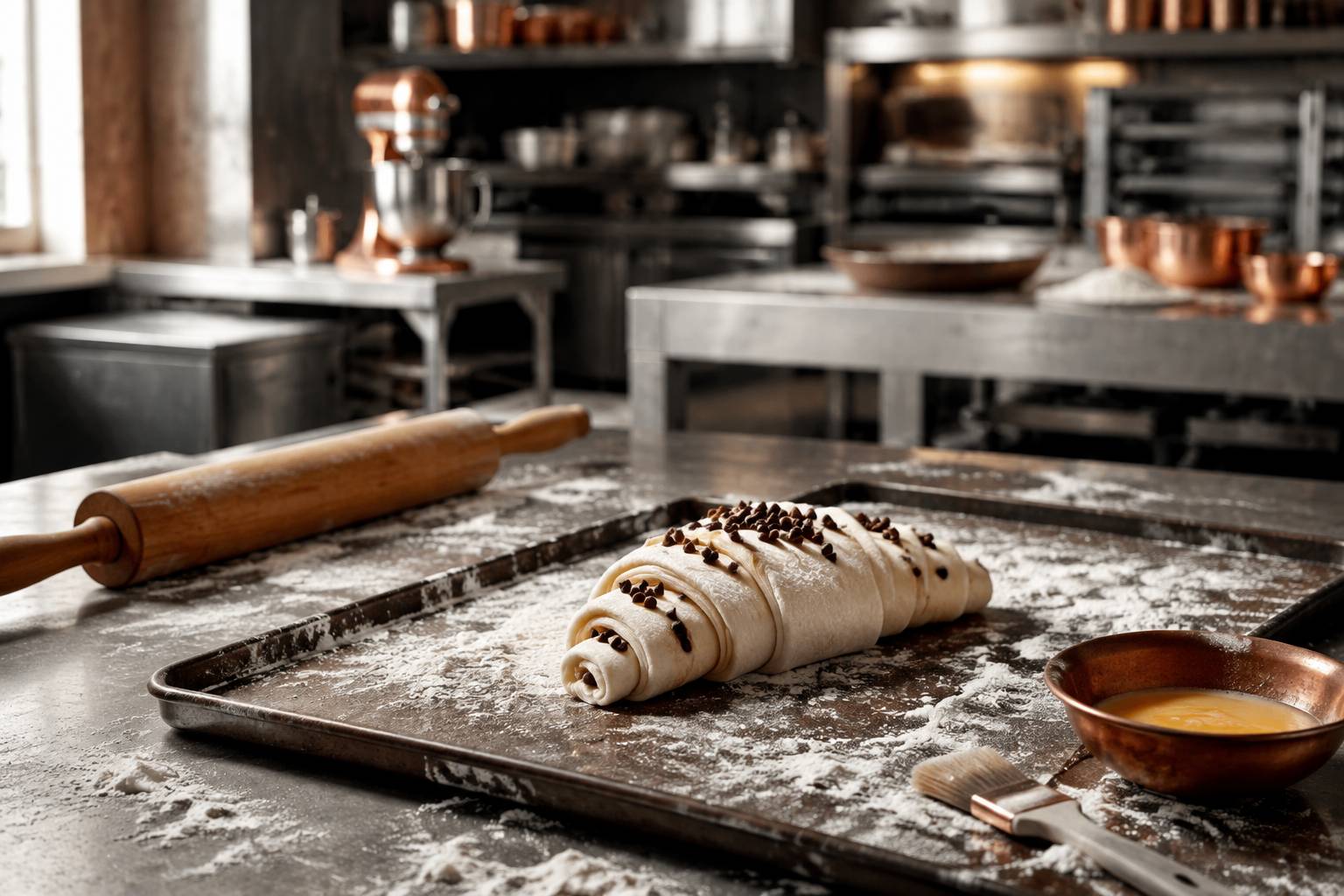 pâte d'un croissant garni de pépites de chocolat posée sur une plaque de cuisson farinée, rouleau