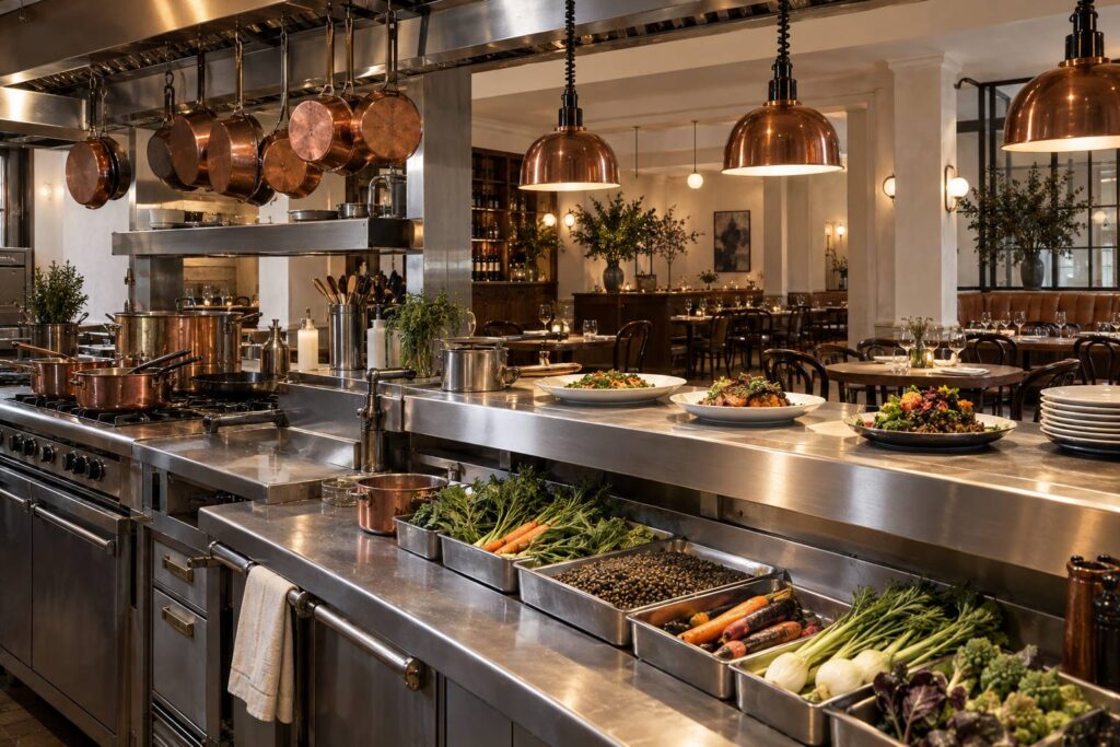 Cuisine de bistrot avec plan de travail inox et casseroles en cuivre