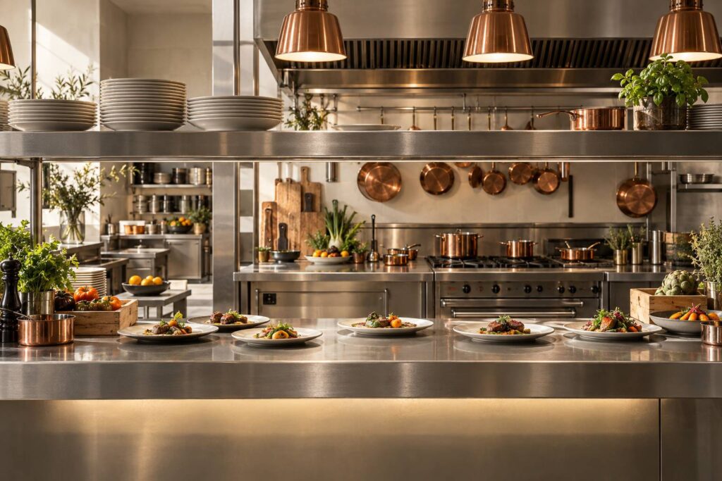 Cuisine de restaurant professionnel avec passe en inox et casseroles en cuivre