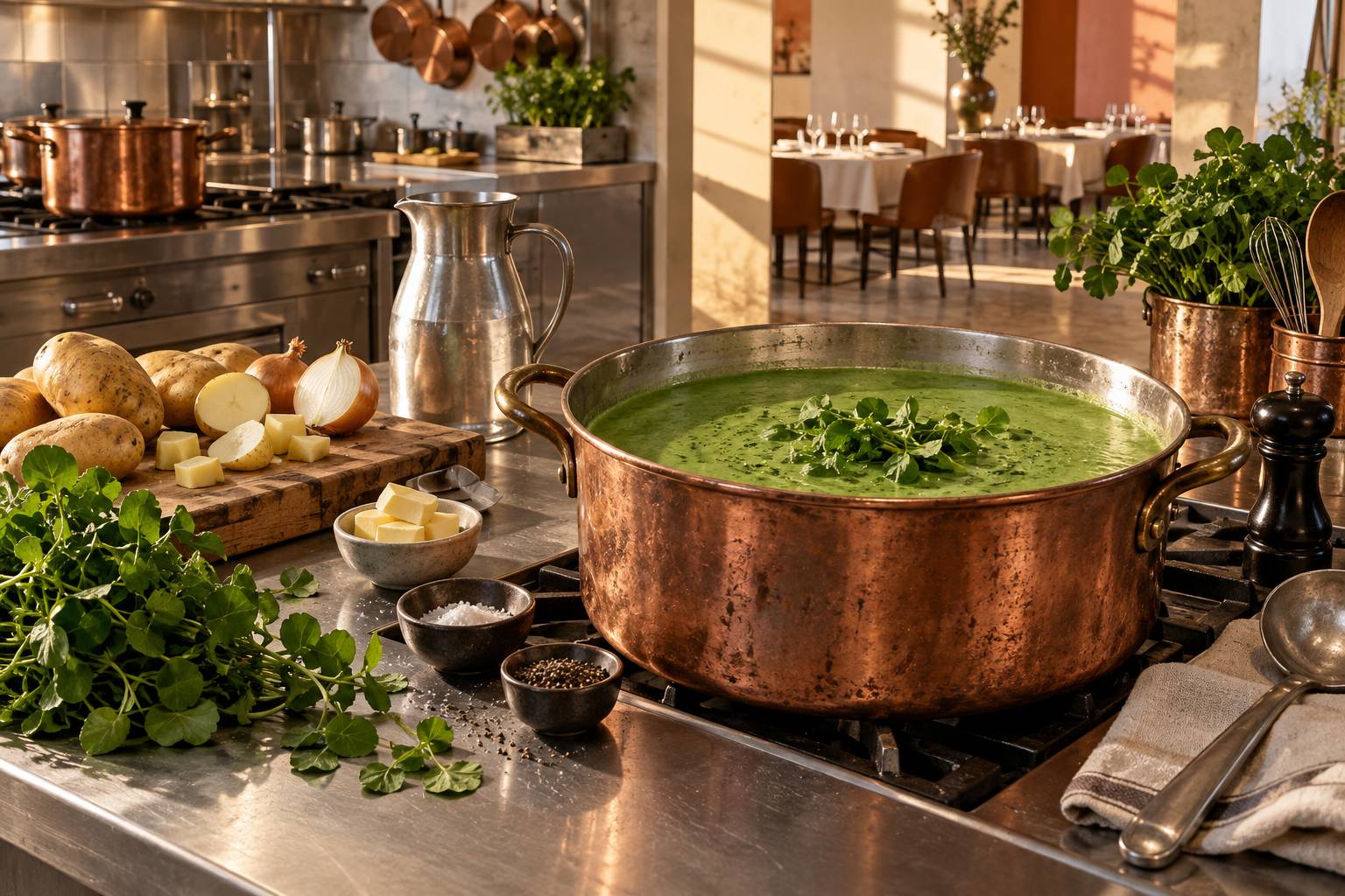 Illustration éditoriale du sujet : Délice Vert : La Soupe Réconfortante au Cresson