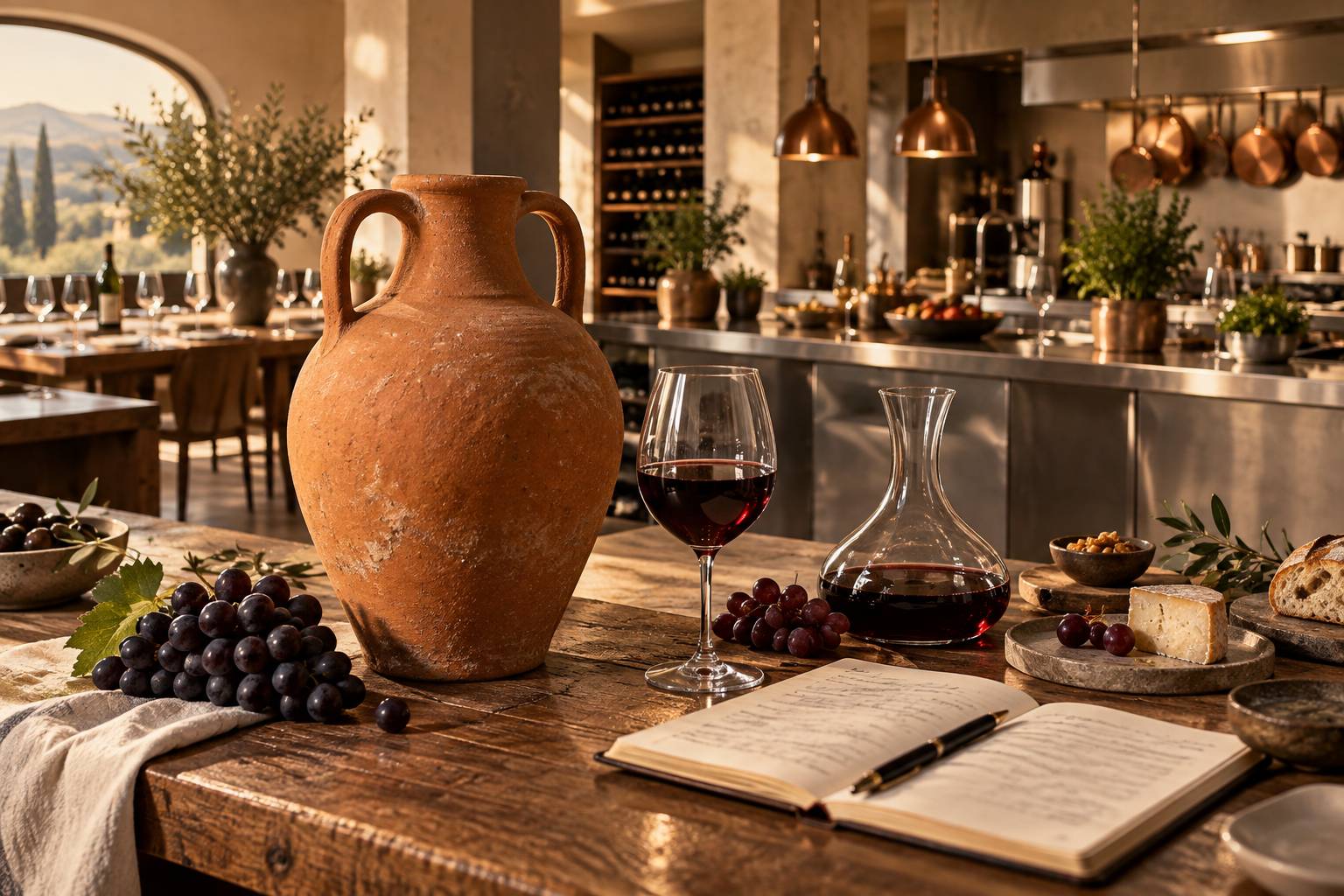 Amphore, verre de vin et carnet de dégustation