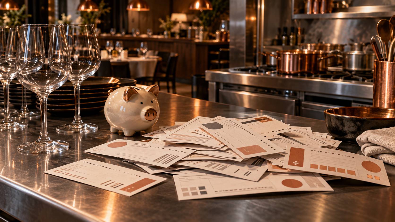 Bons d'achat et tirelire sur un comptoir de bistrot