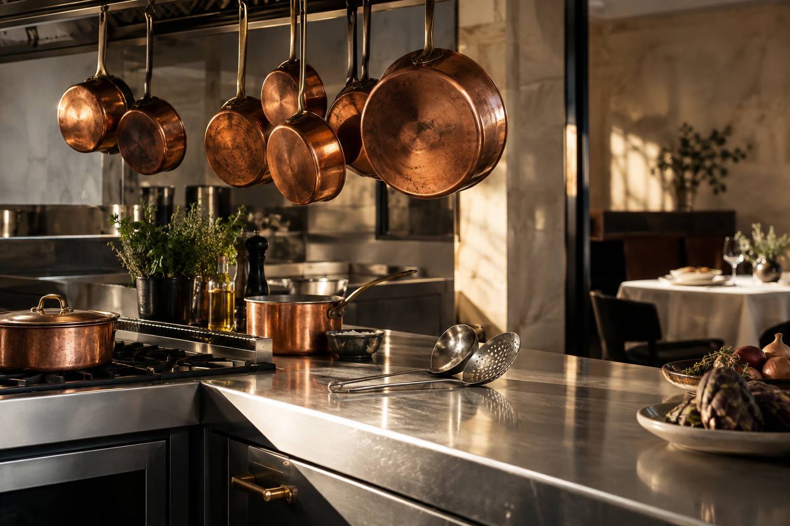 Détail de casseroles en cuivre suspendues au-dessus d'un plan de travail inox