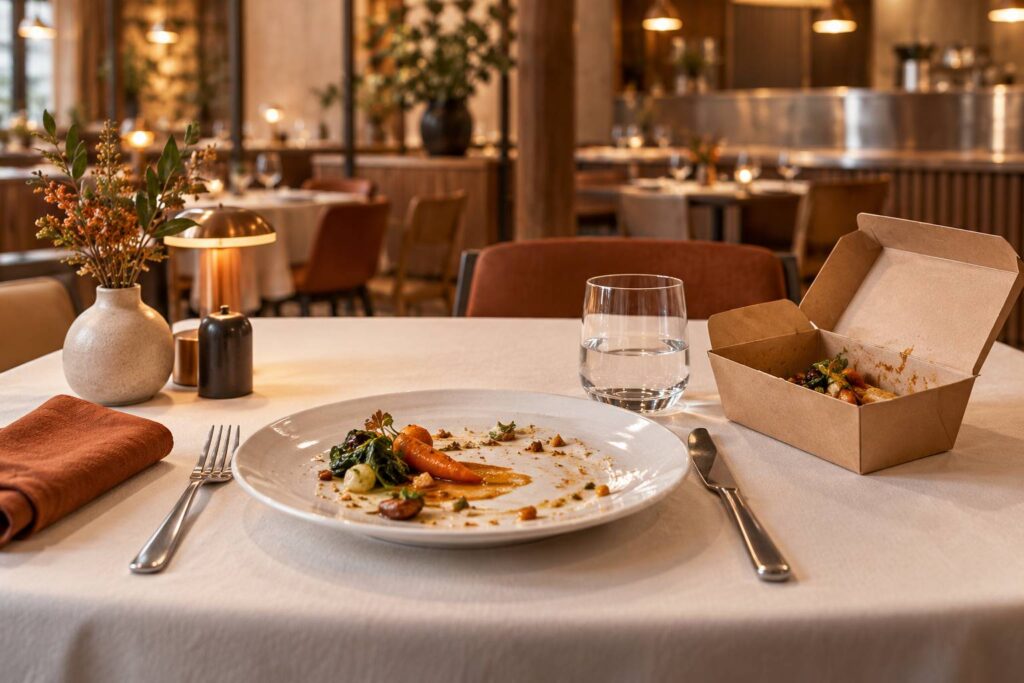 Boite a emporter en carton kraft ouverte a cote d'une assiette de restaurant