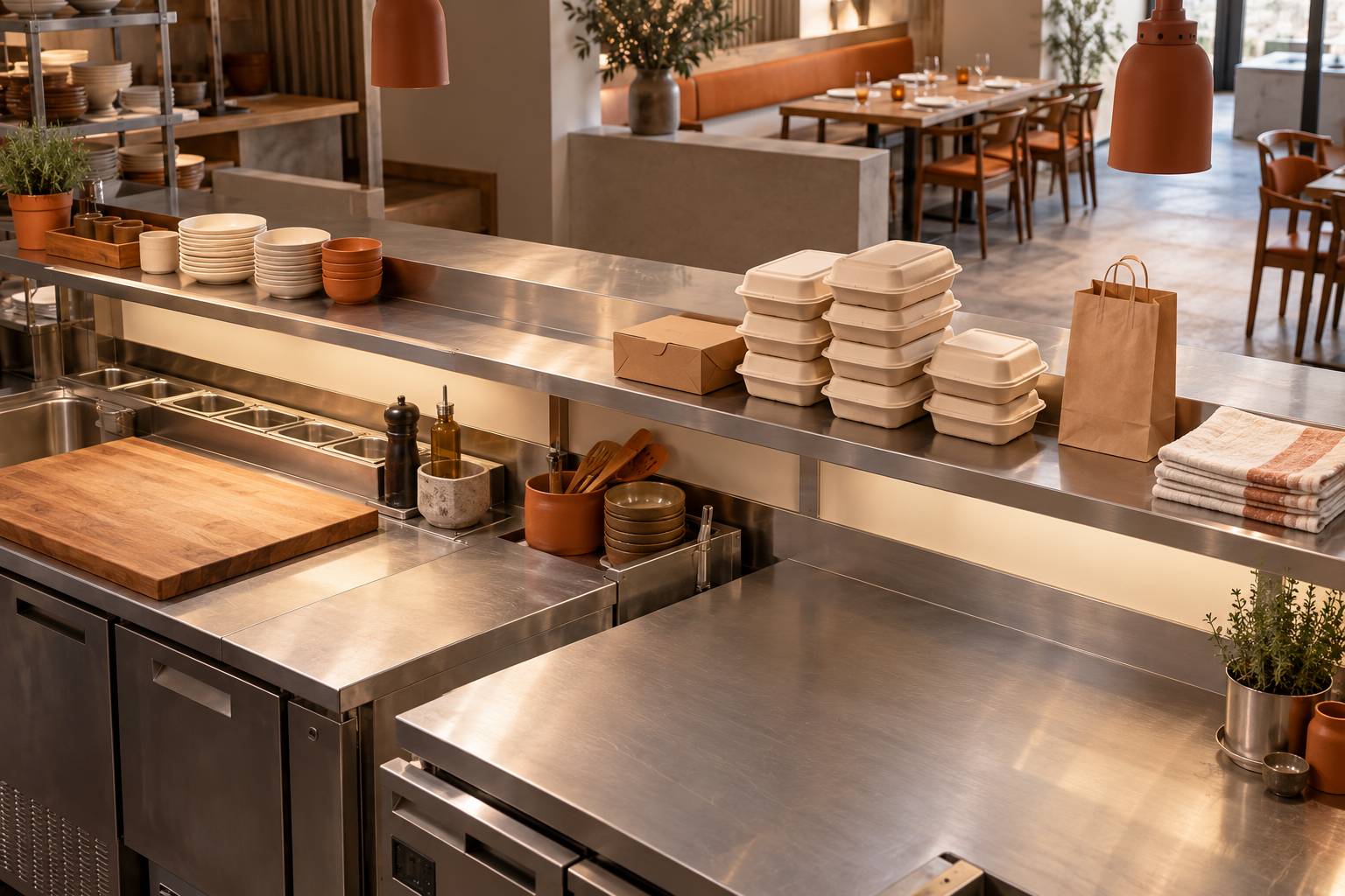 Boites a emporter empilees sur un plan de travail de cuisine inox