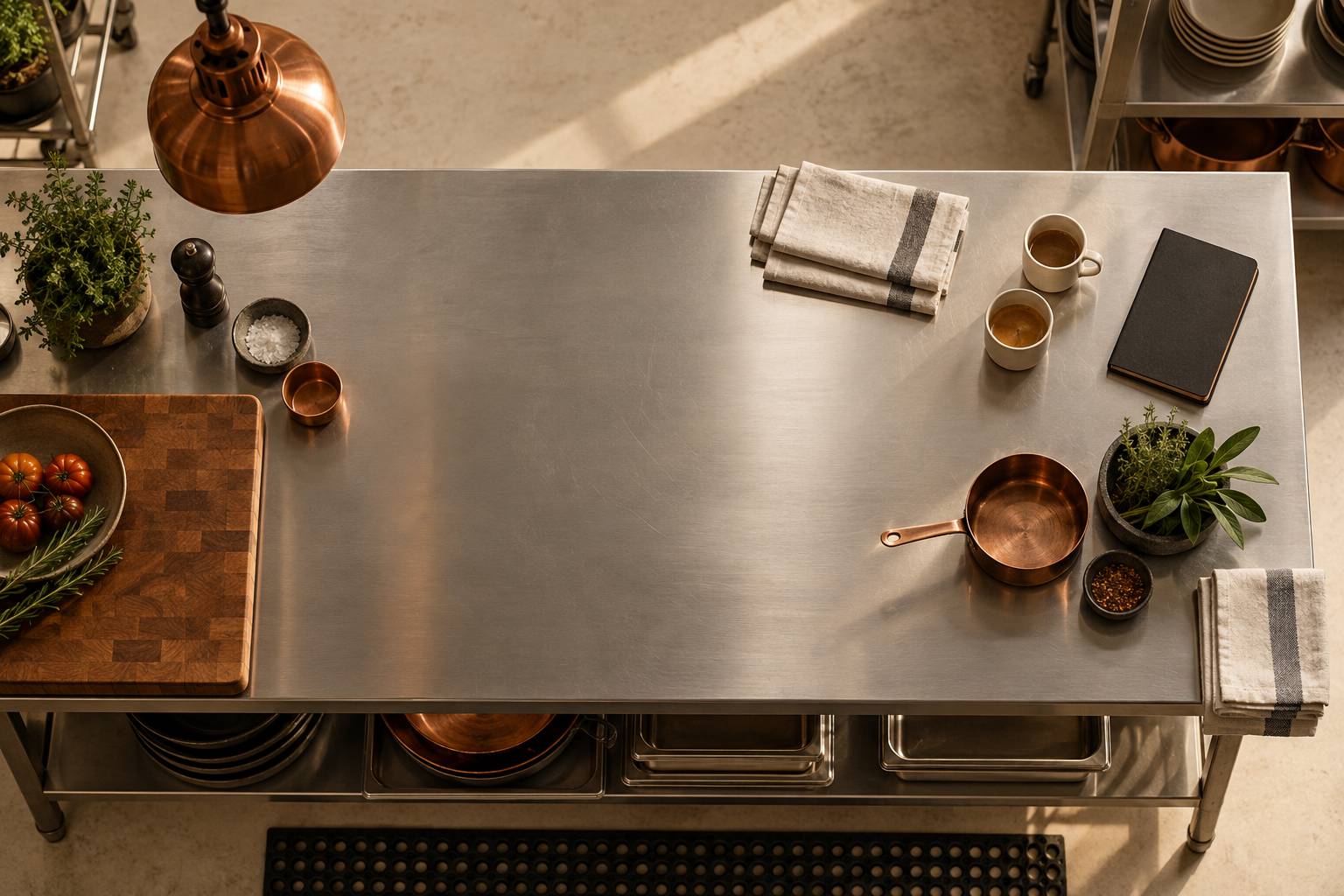 Plan de travail de cuisine professionnelle au repos en inox propre