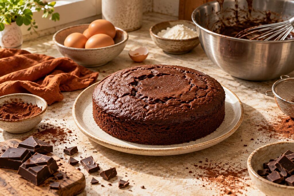 Gateau moelleux au chocolat sur assiette en ceramique avec poudre de cacao