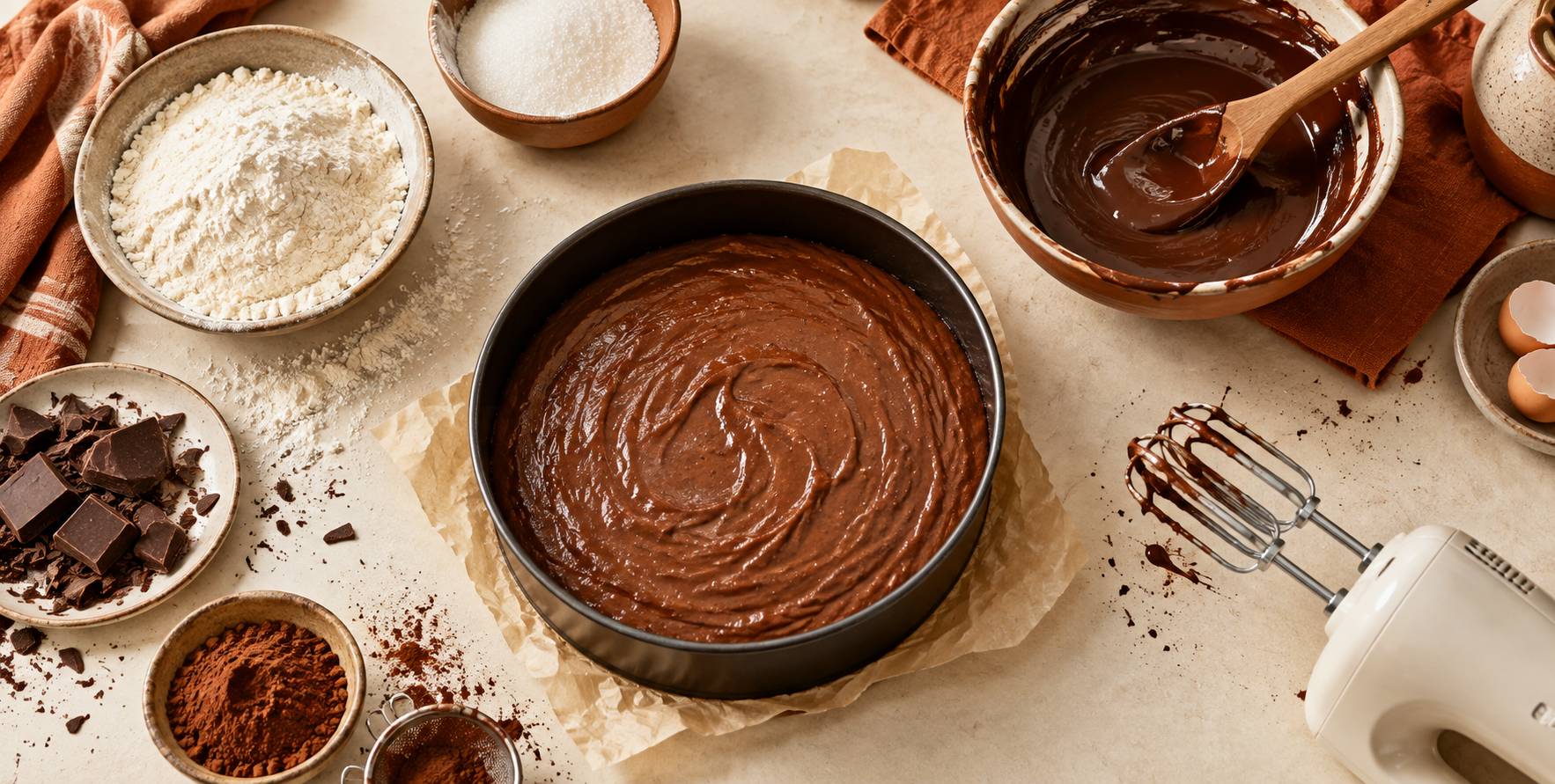 Pate a gateau au chocolat dans un moule avec bol de chocolat fondu