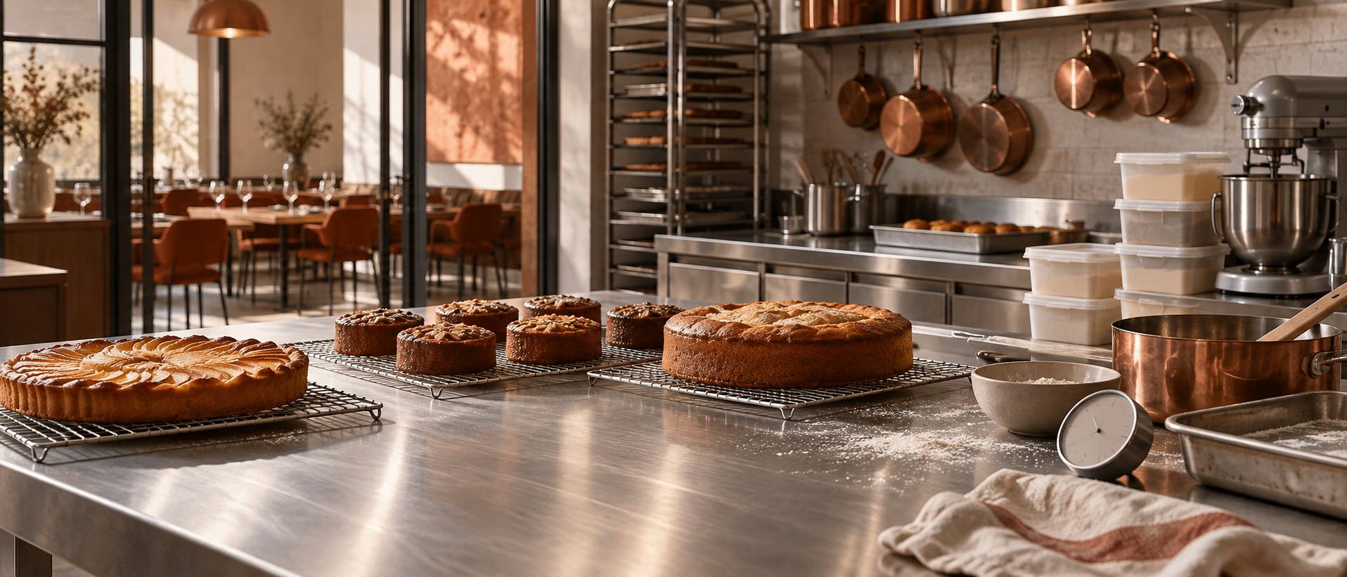 Gâteaux en refroidissement et boîtes hermétiques sur un plan de travail