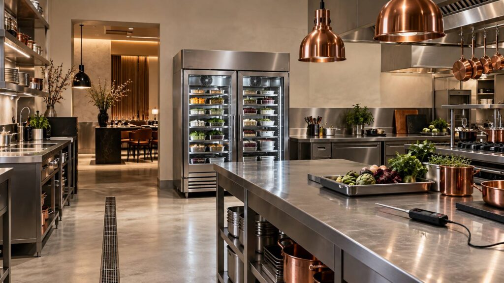 Cellule de refroidissement rapide en inox dans une cuisine professionnelle impeccable