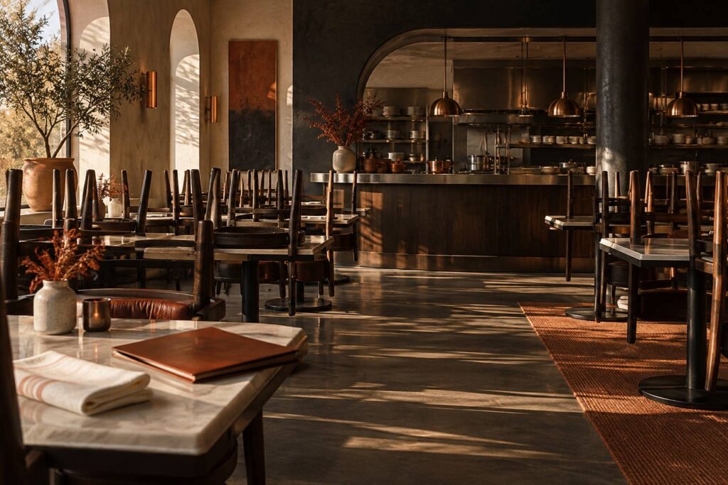 Salle de restaurant fermee avec chaises retournees sur les tables