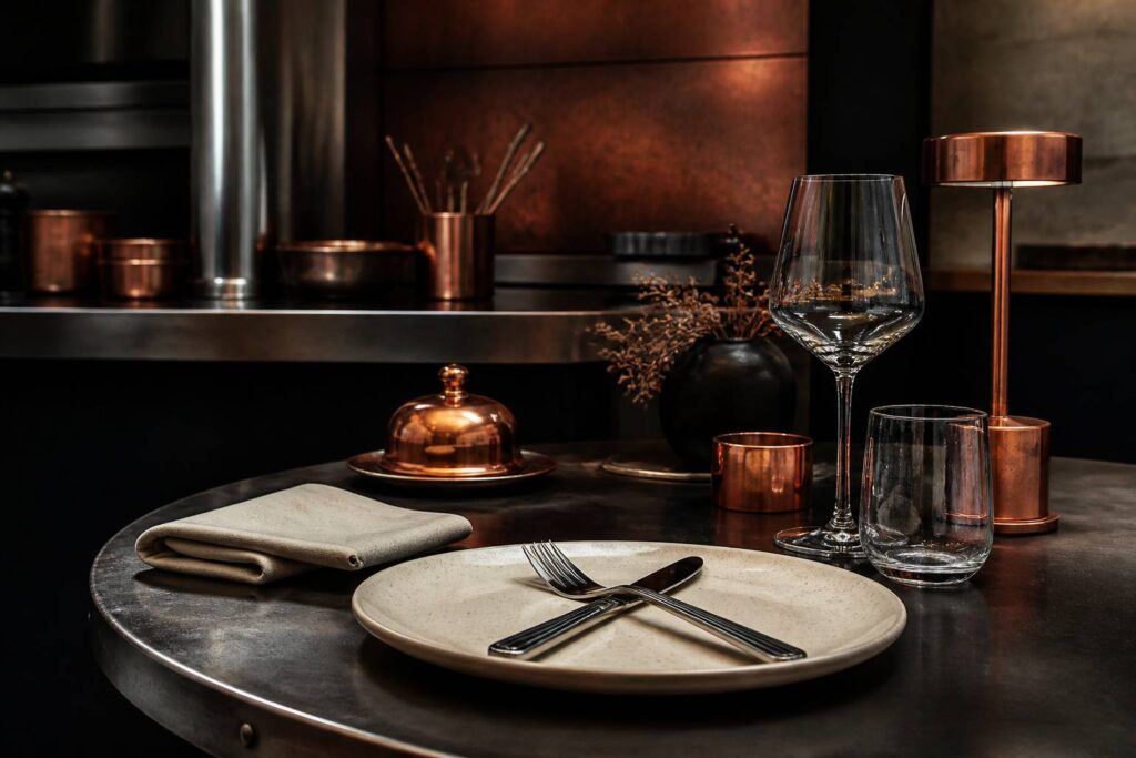 Table dressée avec couverts en inox croisés sur l'assiette