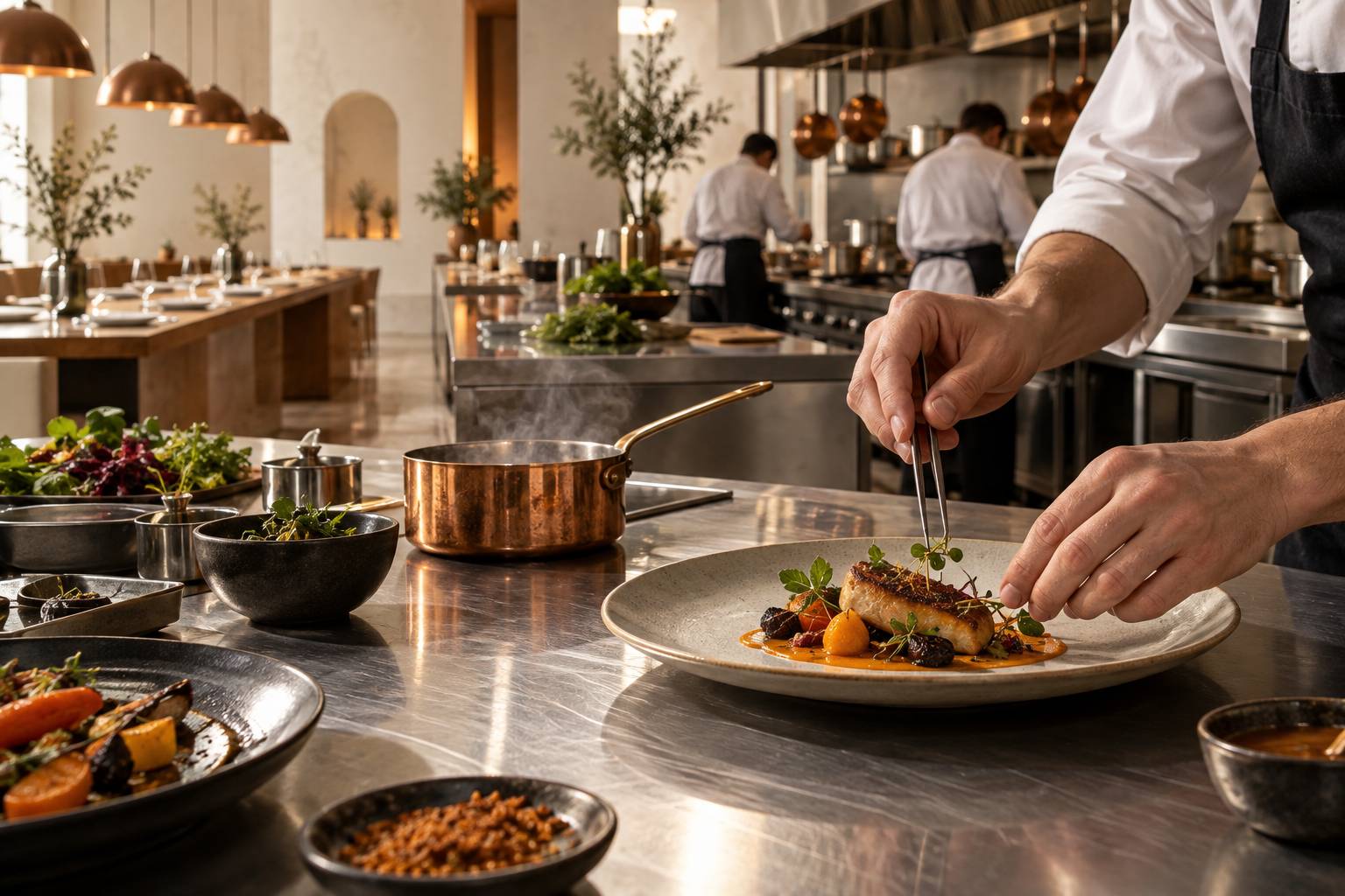 Mains anonymes de chef dressant une assiette près d'une casserole en cuivre