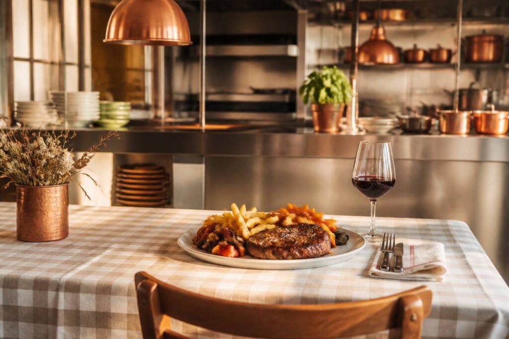 Plat ouvrier complet avec viande et frites sur table de bistrot