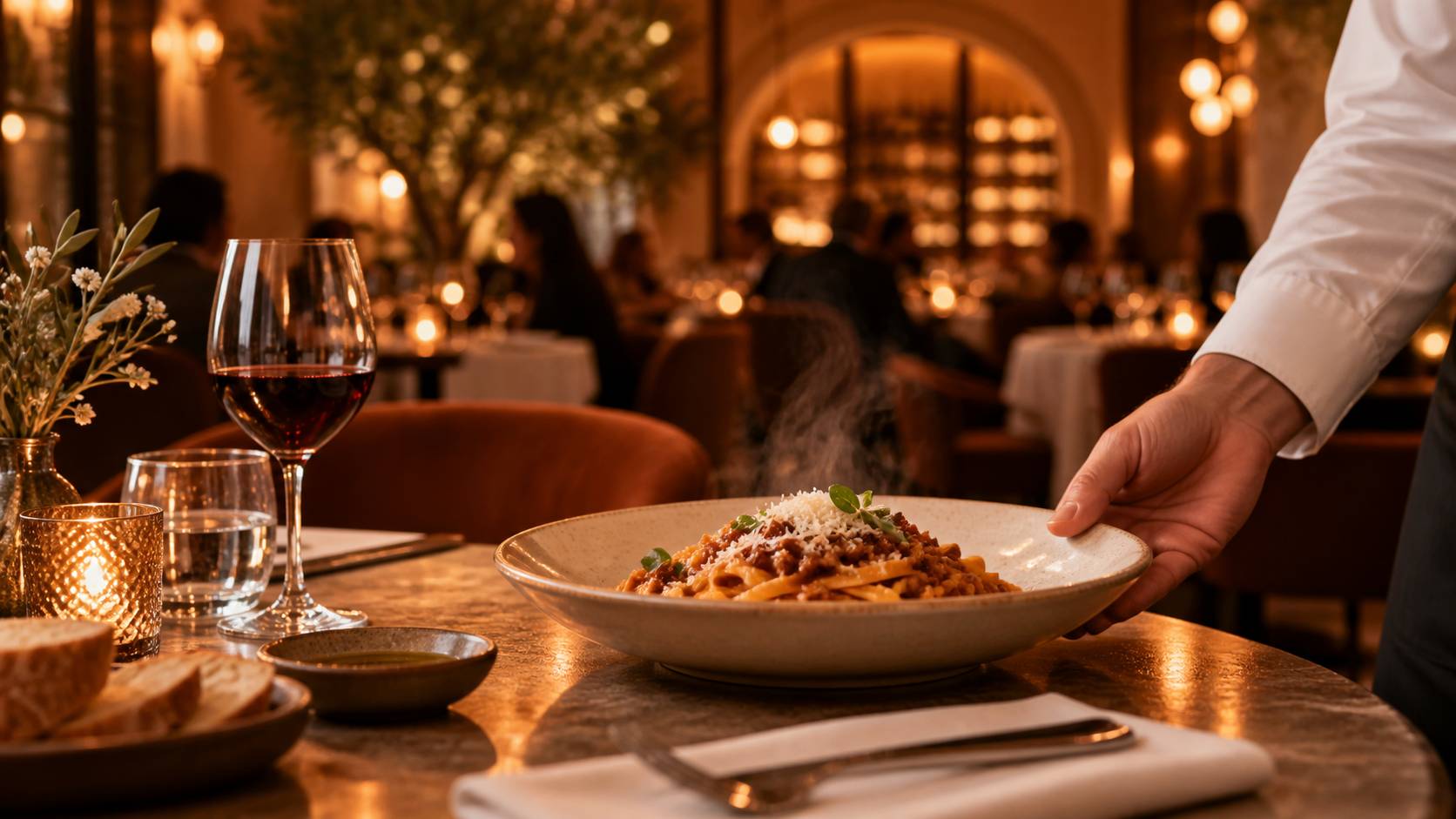 Plat de pâtes fraîches servi à table, ambiance festive en arrière-plan