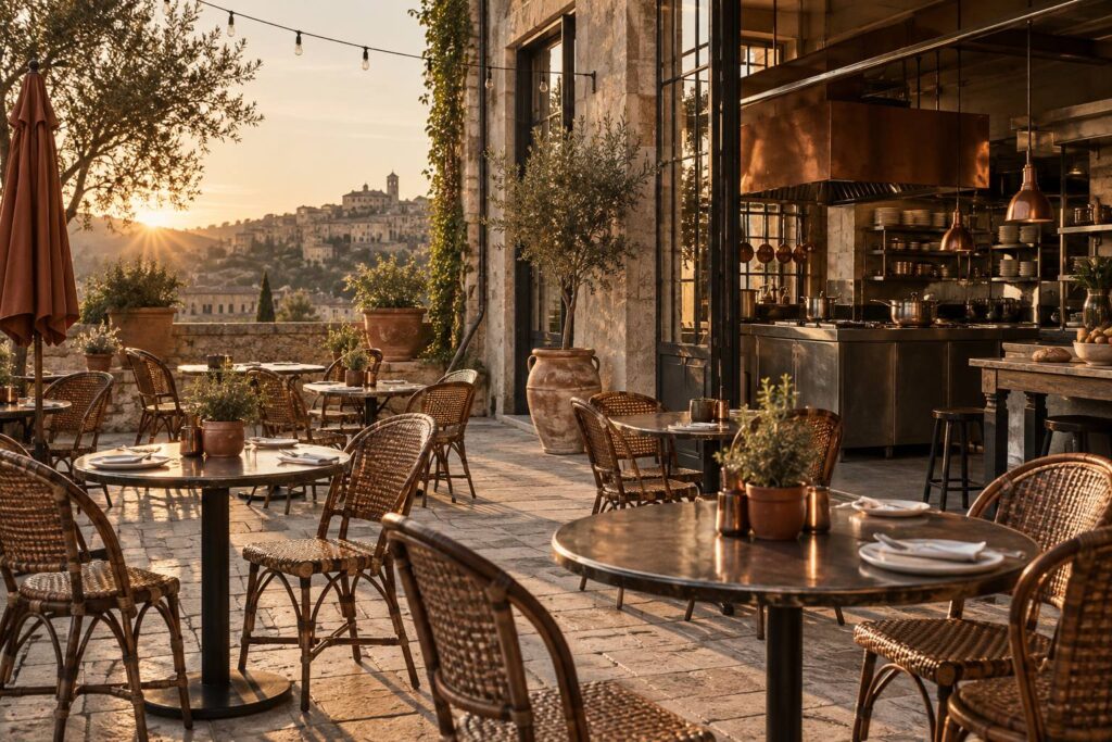 Terrasse de café vide au matin avec tables, chaises en rotin et lumière rasante dorée