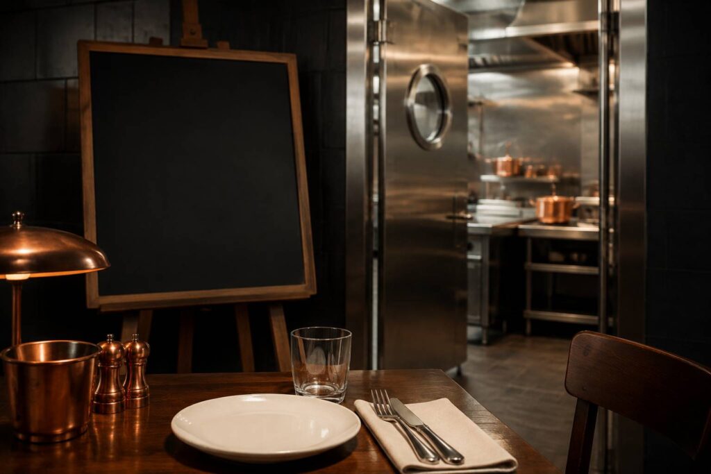 Table de bistrot dressée avec ardoise vierge et porte battante de cuisine en inox