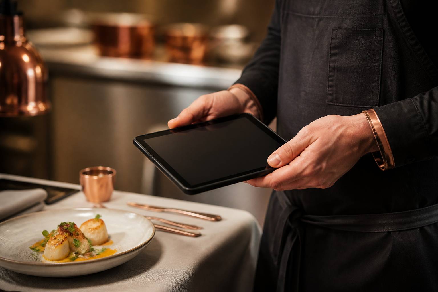 Mains d'un serveur tenant une tablette de commande au-dessus d'une table avec un plat gastronomique