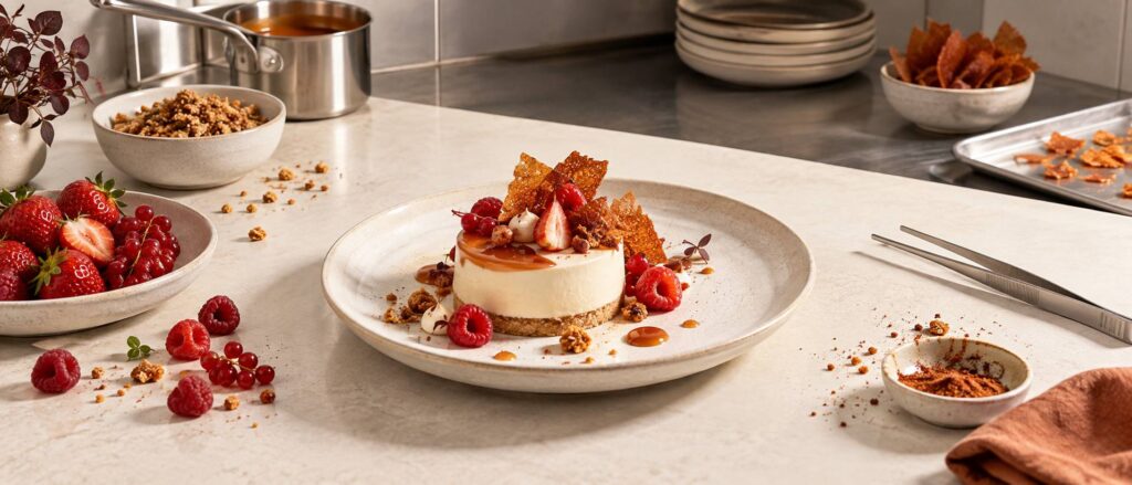 Dessert crémeux avec éclats croustillants sur assiette claire