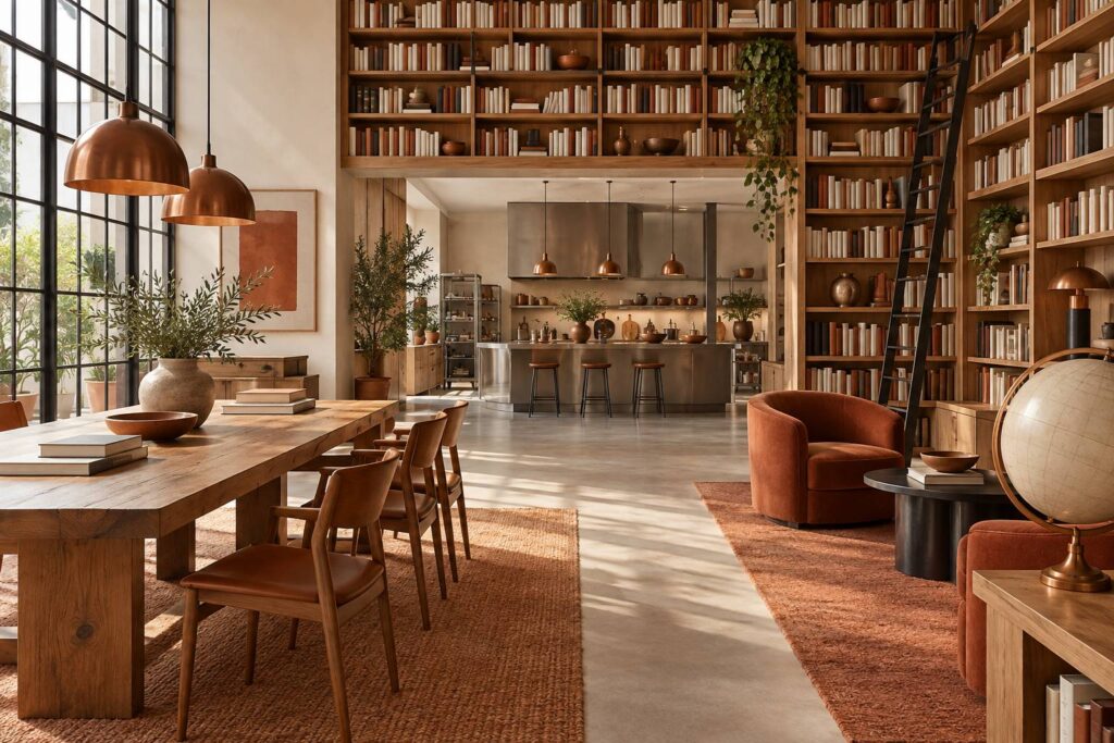 Bibliotheque de salon collaborative avec grandes etageres en bois