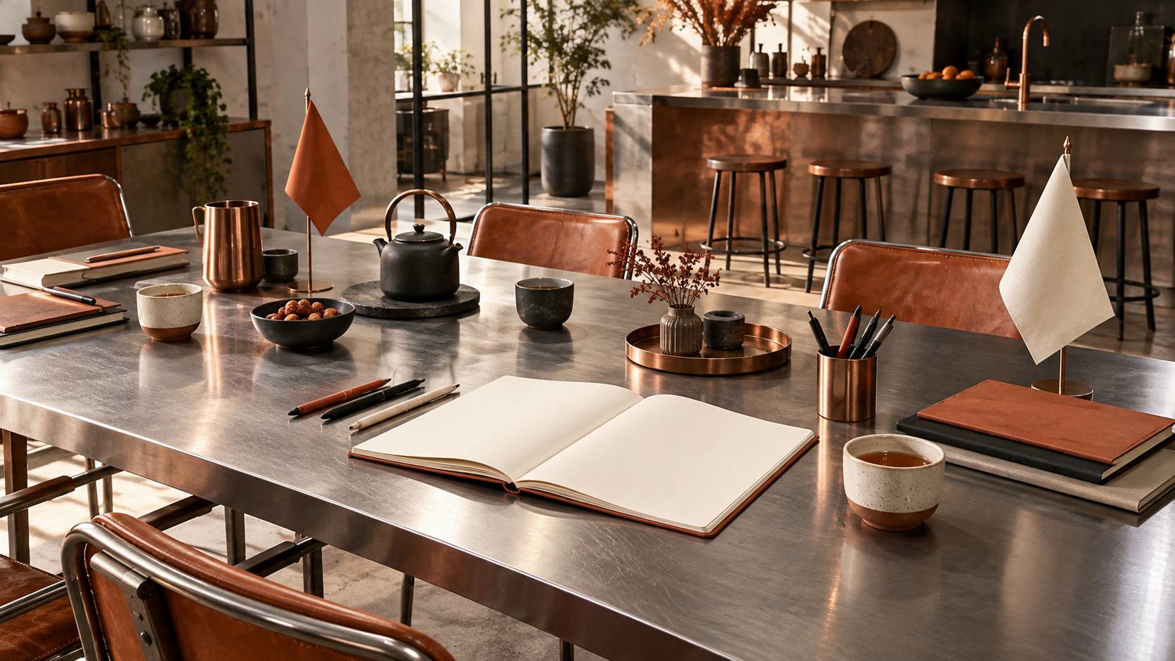 Table de discussion avec carnet ouvert et tasses de the